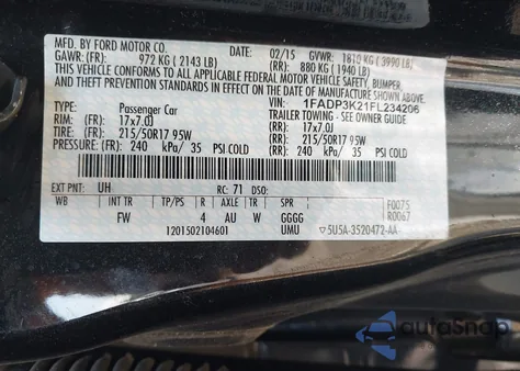 2015 Ford Focus Se z USA, uszkodzony, nr VIN 1FADP3K21FL234206